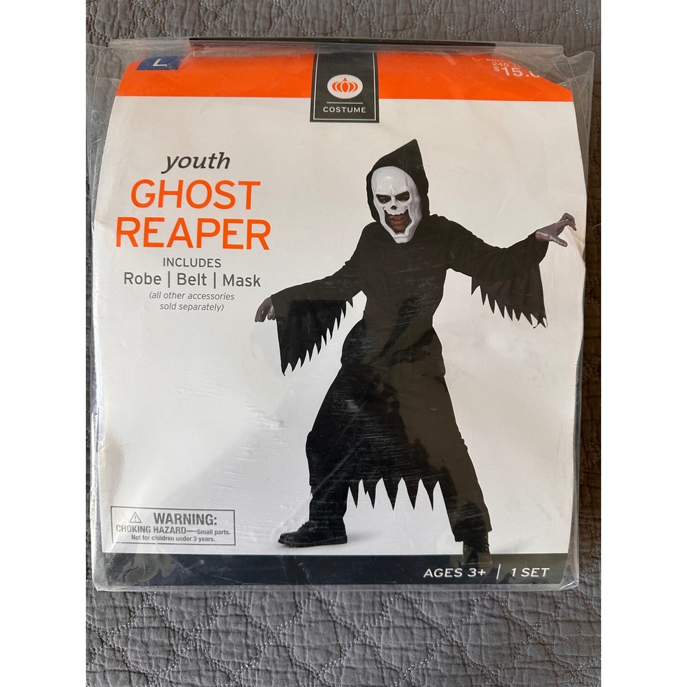 Youth Ghost Reaper Halloween Costume Black Hooded Robe Mask Belt Set Size Large